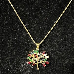 Gold Tree Pendant Necklace with Multicolor Stones